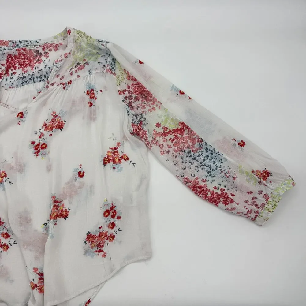 LUCKY BRAND Womens Floral Semi Sheer Shirt Size L Long Sleeve Boho Festival Top